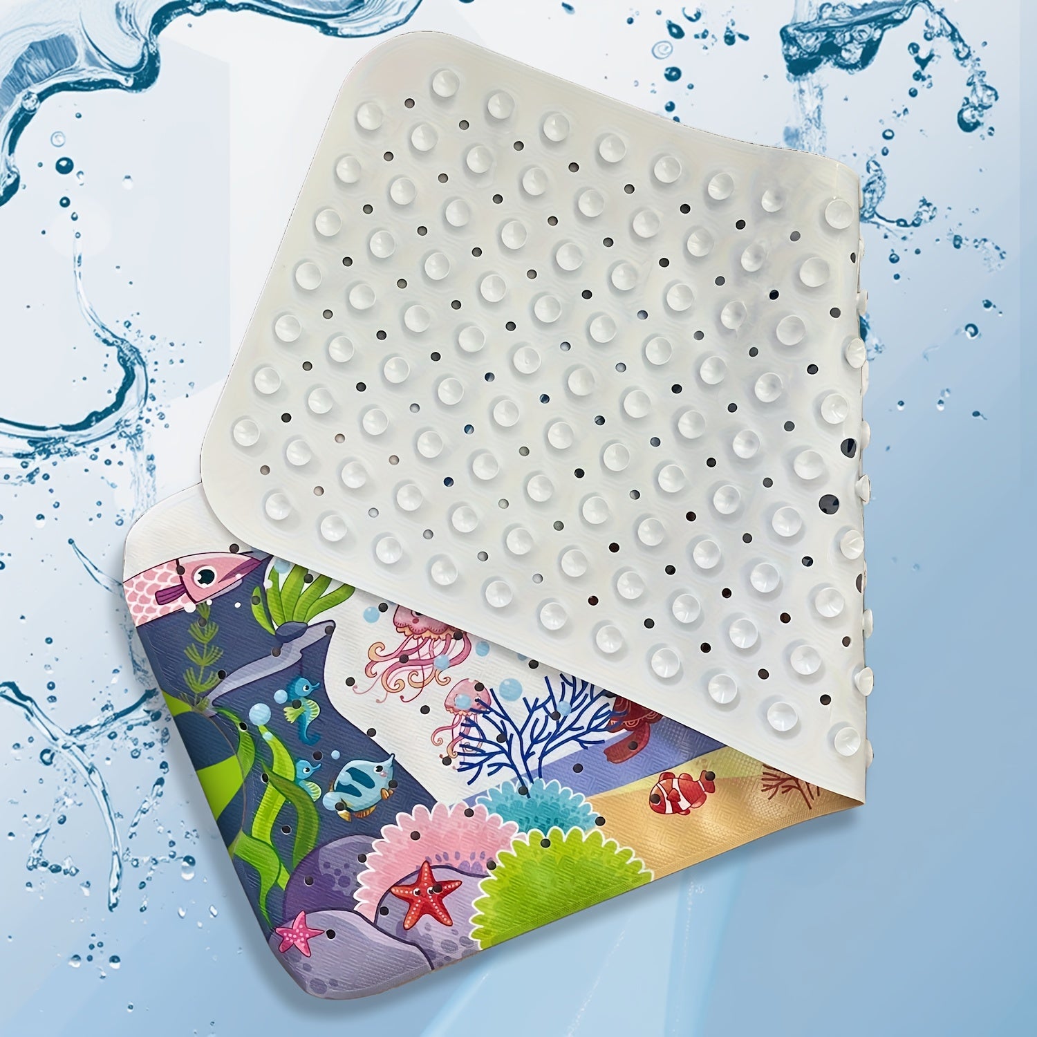 1pc Cartoon Extral Long Bath Mat, Bathtub Mat Non Slip for Bath Shower Anti Slip, 40in X 16in with Drain Holes and Suction Cups Machine Washable, Turtles Whales Ocean Theme Home Decor