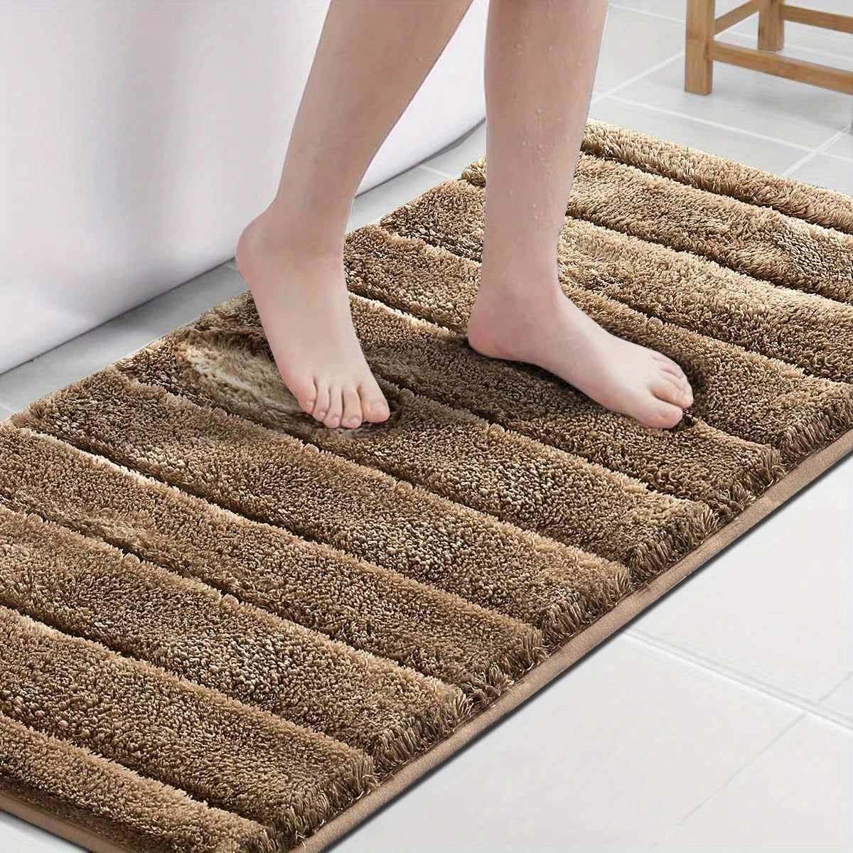2pcs Bathroom Rugs Thick Velvet Bath Rug Super Shaggy Soft Non-Slip Water Absorbent Striped Bath Mat Quick Dry Washable Fluffy Plush Bathroom Floor Rugs for Shower PRINCEDECO