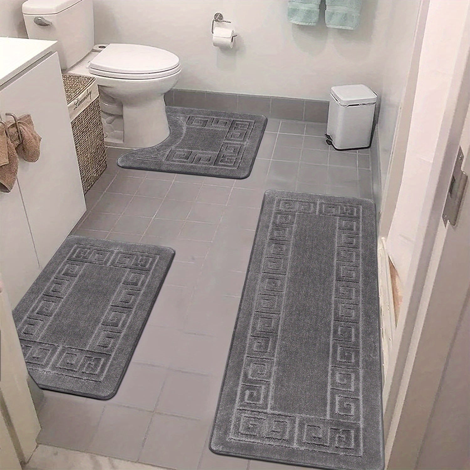 Bathroom Rugs Sets 3 Piece, Non Slip Bath Mats for Bathroom Floor, Shaggy Microfiber Bath Rugs, Absorbent Bathroom Mats Carpet, Bathroom Runner Shower Mat with U Shaped Toilet Rug