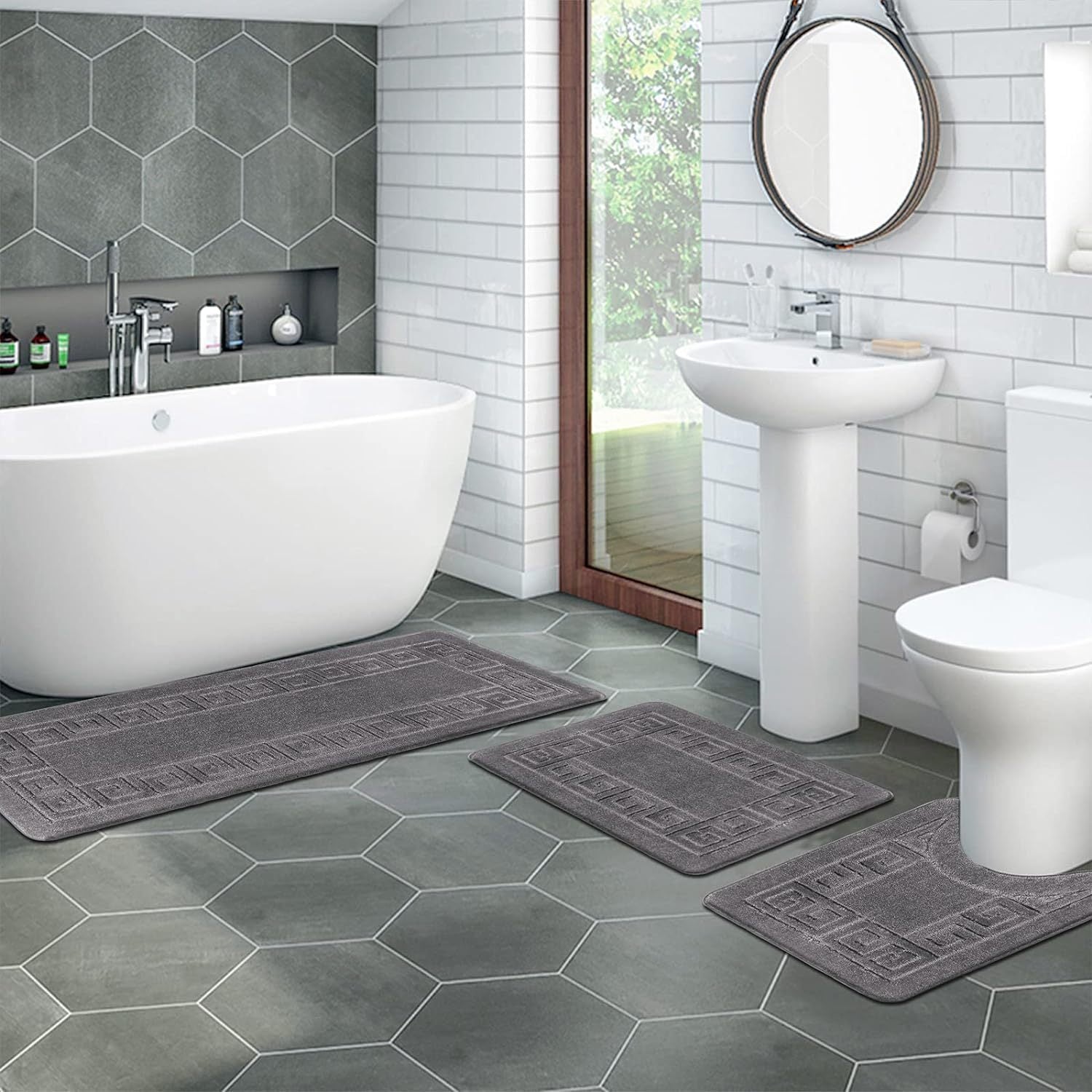 Bathroom Rugs Sets 3 Piece, Non Slip Bath Mats for Bathroom Floor, Shaggy Microfiber Bath Rugs, Absorbent Bathroom Mats Carpet, Bathroom Runner Shower Mat with U Shaped Toilet Rug