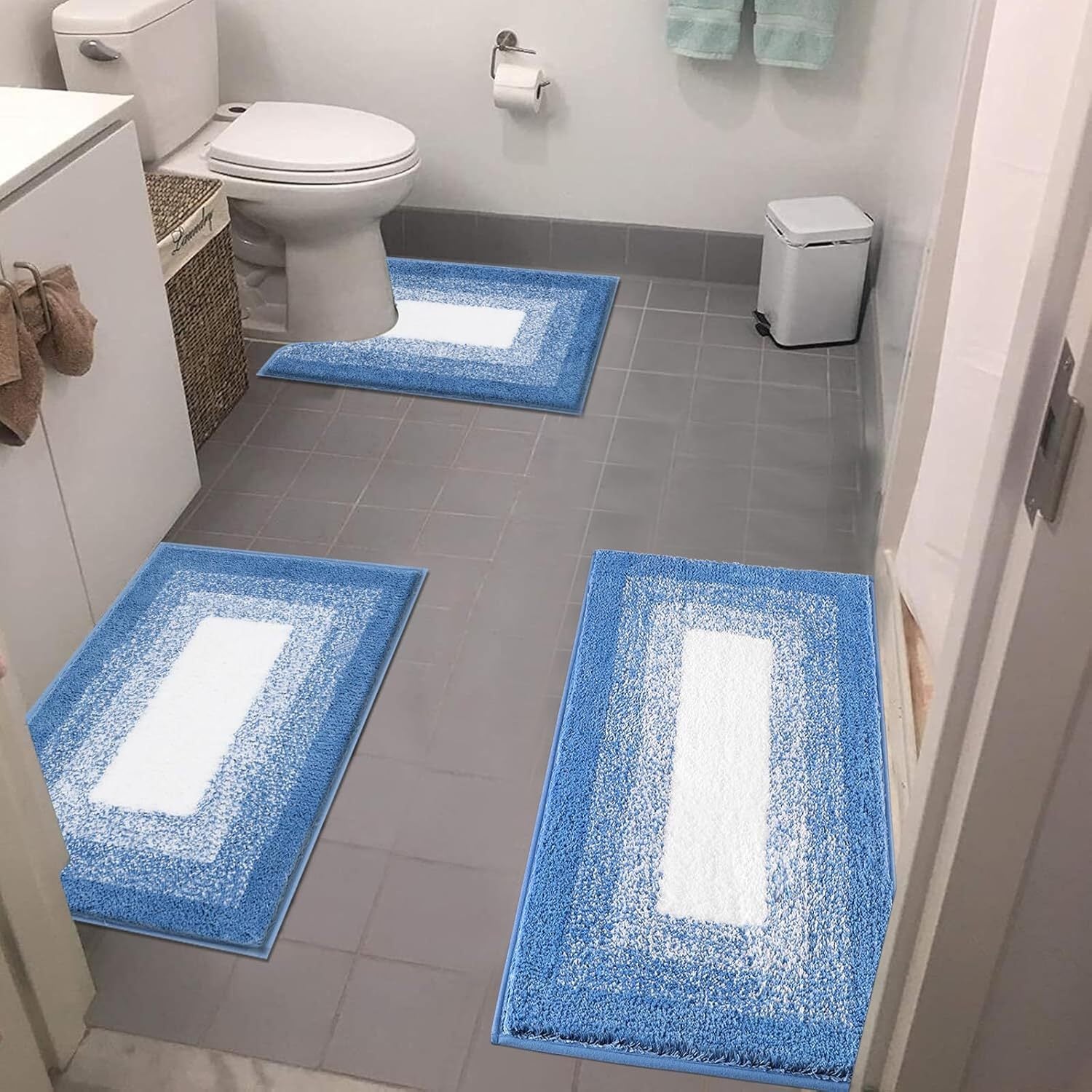 Soft Comfortable Bathroom Rugs Sets 3pcs, Plush Shaggy Bath Rugs for Bathroom Anti-Slip, Absorbent Microfiber Bathroom Mat Home Decor with U-Shaped Contour Toilet Mat for Bathroom Tub, Shower