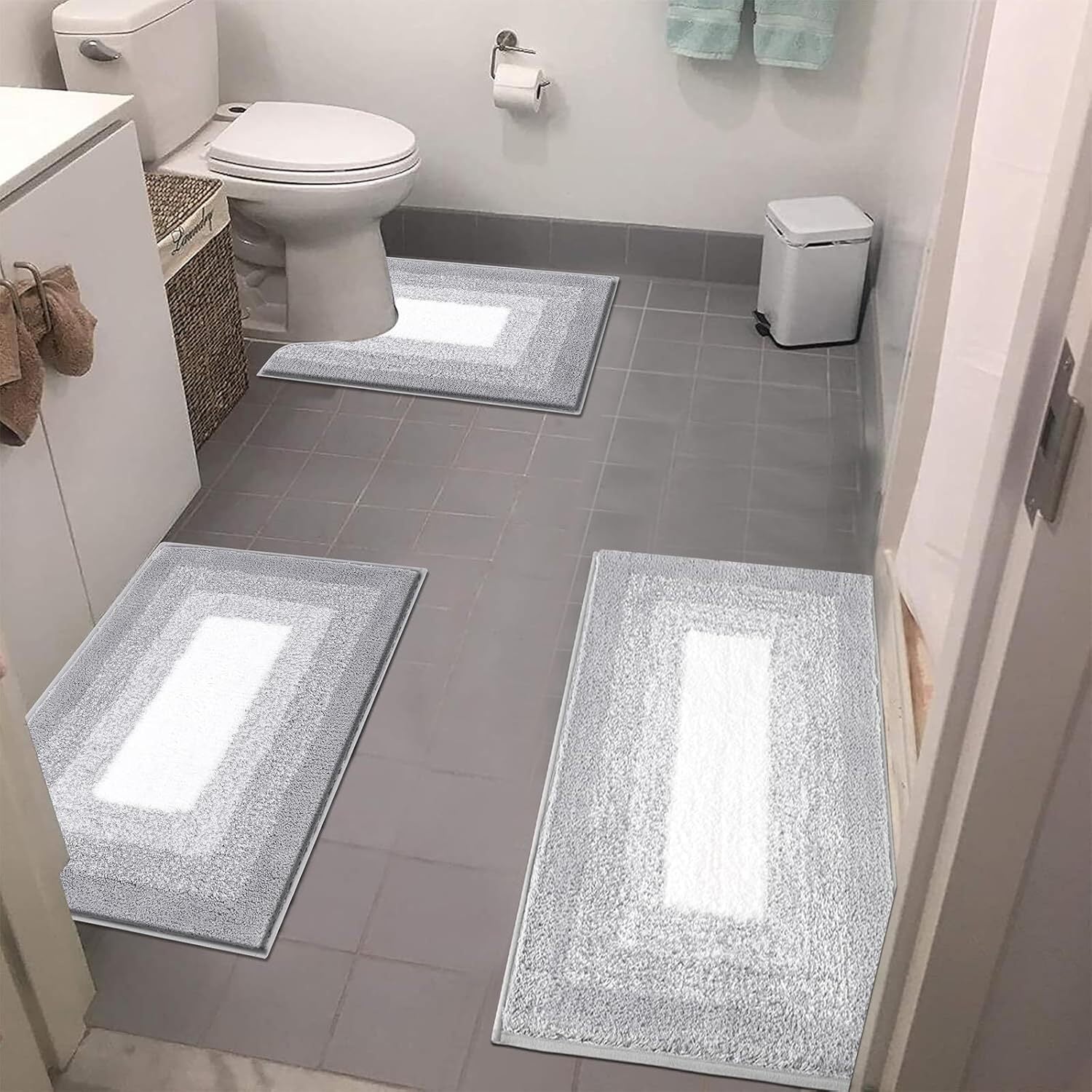 Soft Comfortable Bathroom Rugs Sets 3pcs, Plush Shaggy Bath Rugs for Bathroom Anti-Slip, Absorbent Microfiber Bathroom Mat Home Decor with U-Shaped Contour Toilet Mat for Bathroom Tub, Shower