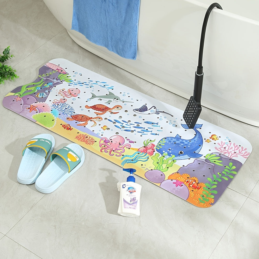 1pc Cartoon Extral Long Bath Mat, Bathtub Mat Non Slip for Bath Shower Anti Slip, 40in X 16in with Drain Holes and Suction Cups Machine Washable, Turtles Whales Ocean Theme Home Decor