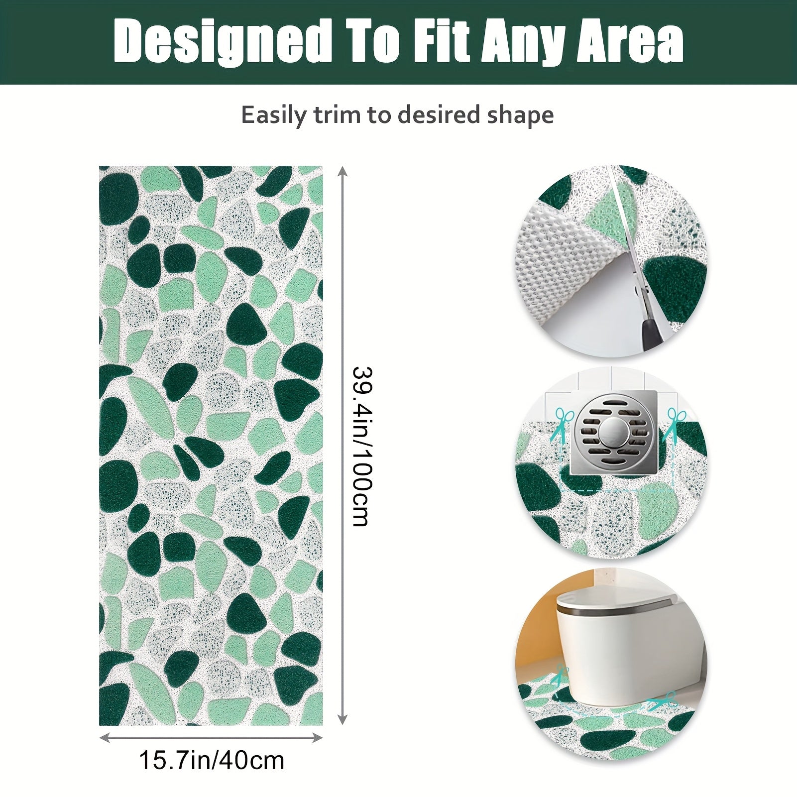 Green Pebble Design Hollow High Quality Bath Mat with Drain Holes, Quick-Dry Non-Slip Shower Mat, Soft and Comfortable PVC Loofah Massage Bath Rug for Wet Areas