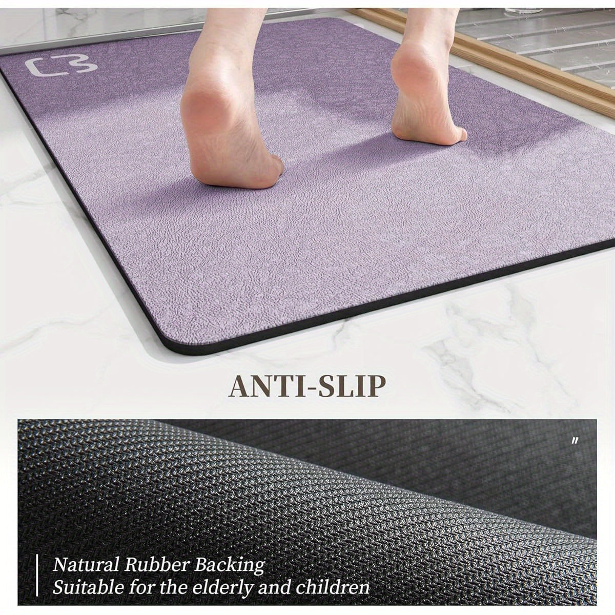 Extra Long Bath Mat - Lavender Diatomaceous Earth Bathroom, Fast-Dry Non-Slip Shower Mat with Rubber Backing, Super Absorbent Large Floor Mat for Tub, Shower, Sink - Elegant Bathroom Decor, Minimalist Design, Spa Lovers