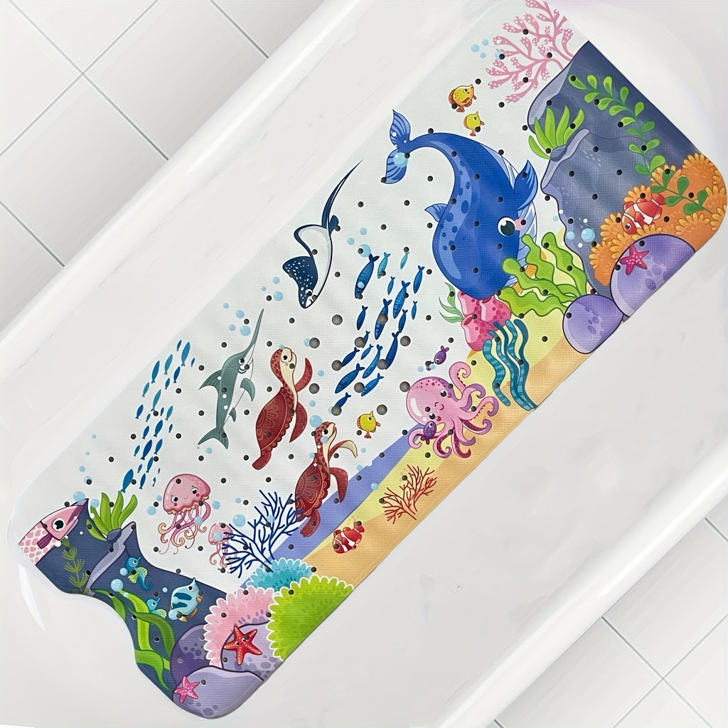 1pc Cartoon Extral Long Bath Mat, Bathtub Mat Non Slip for Bath Shower Anti Slip, 40in X 16in with Drain Holes and Suction Cups Machine Washable, Turtles Whales Ocean Theme Home Decor