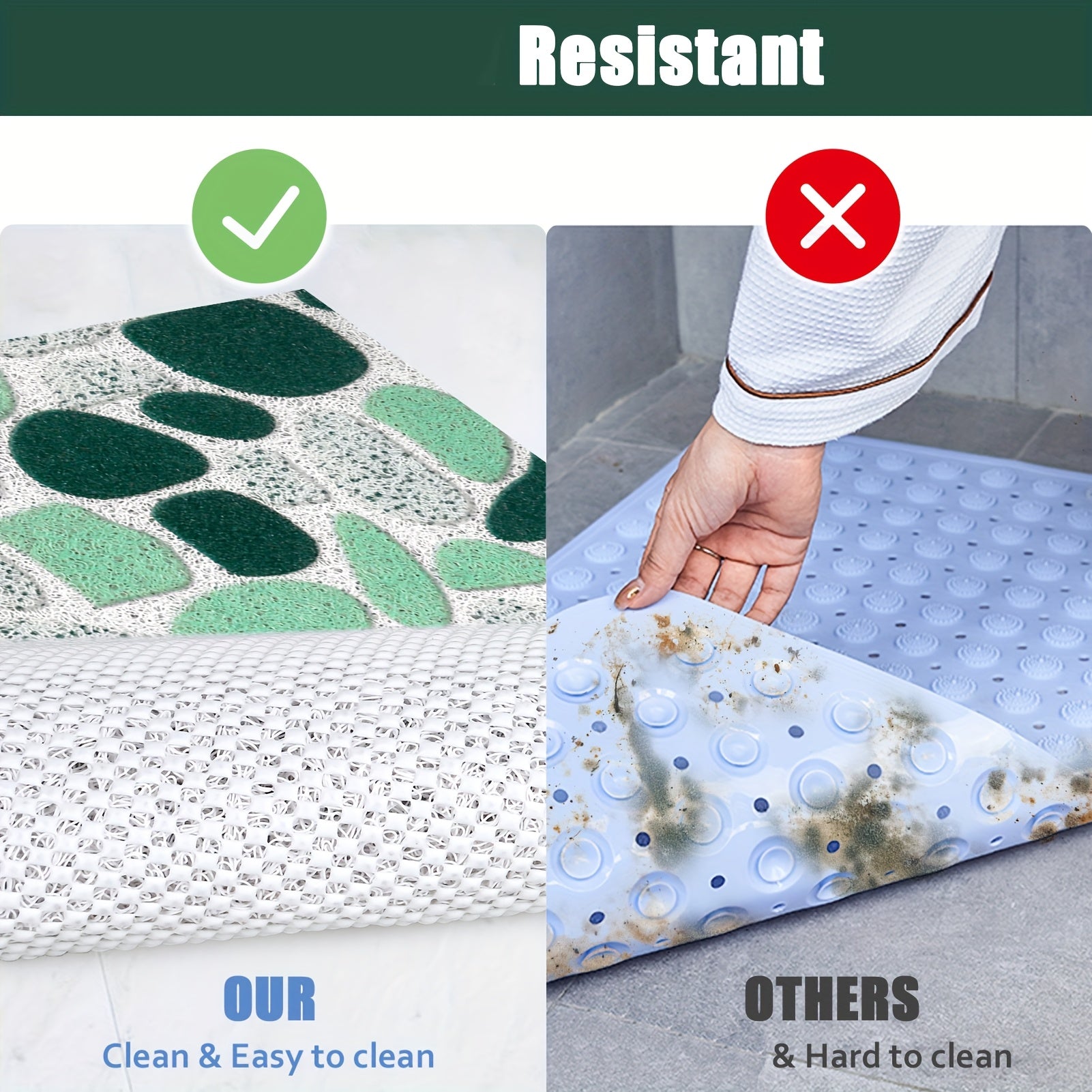 Green Pebble Design Hollow High Quality Bath Mat with Drain Holes, Quick-Dry Non-Slip Shower Mat, Soft and Comfortable PVC Loofah Massage Bath Rug for Wet Areas