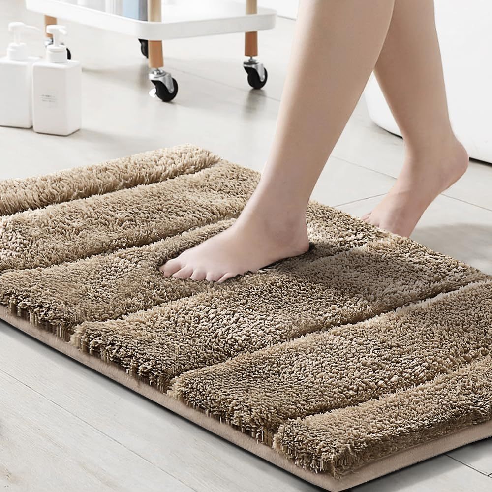 2pcs Bathroom Rugs Thick Velvet Bath Rug Super Shaggy Soft Non-Slip Water Absorbent Striped Bath Mat Quick Dry Washable Fluffy Plush Bathroom Floor Rugs for Shower PRINCEDECO