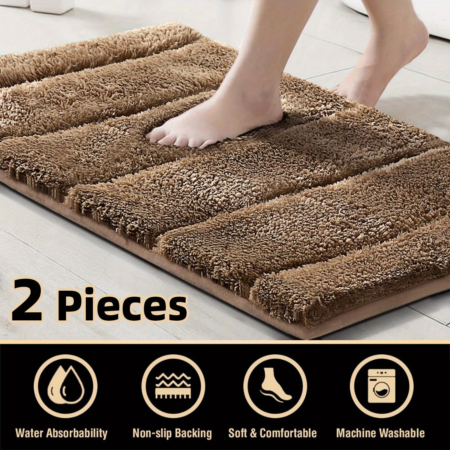 2pcs Bathroom Rugs Thick Velvet Bath Rug Super Shaggy Soft Non-Slip Water Absorbent Striped Bath Mat Quick Dry Washable Fluffy Plush Bathroom Floor Rugs for Shower PRINCEDECO