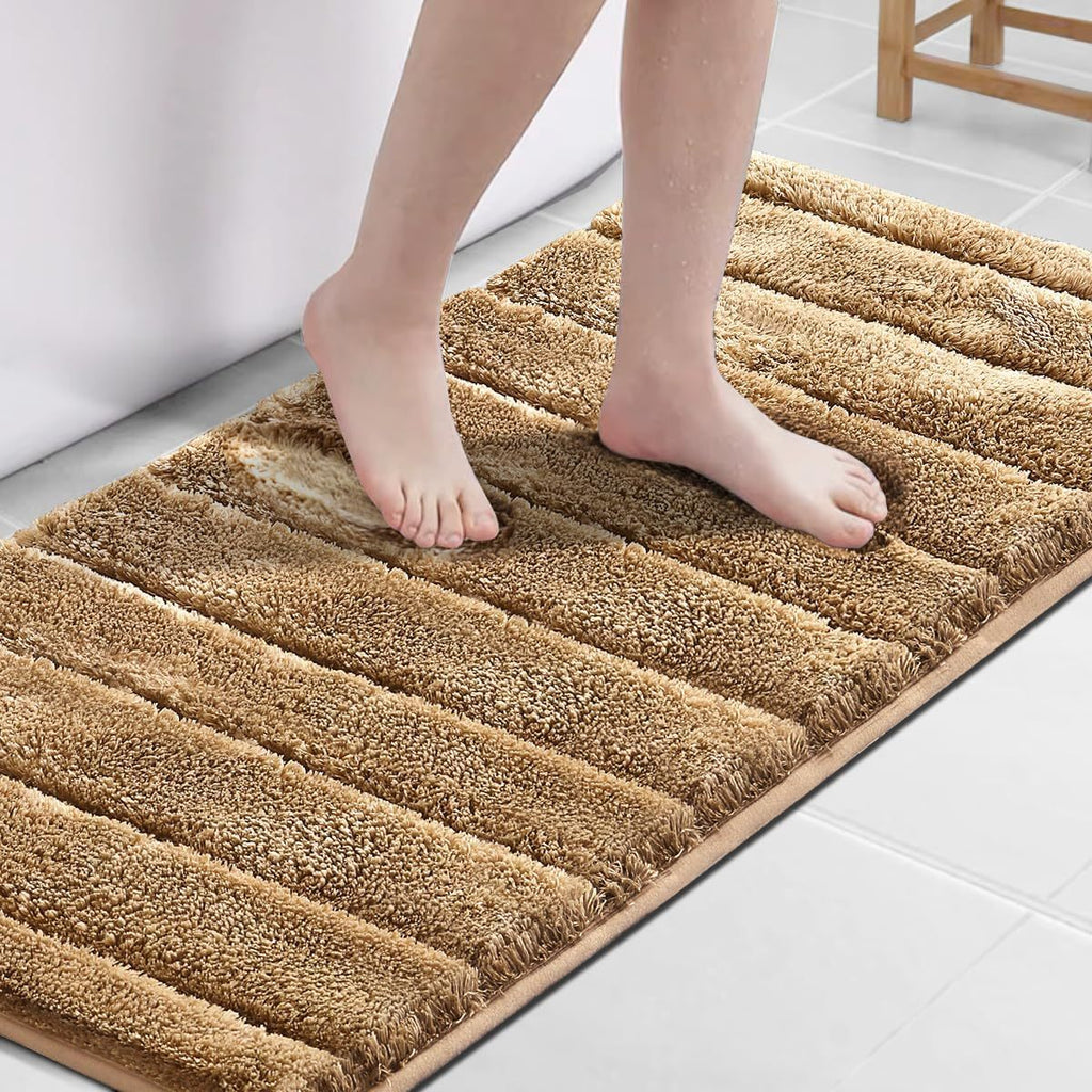 2pcs Bathroom Rugs Thick Velvet Bath Rug Super Shaggy Soft Non-Slip Water Absorbent Striped Bath Mat Quick Dry Washable Fluffy Plush Bathroom Floor Rugs for Shower PRINCEDECO
