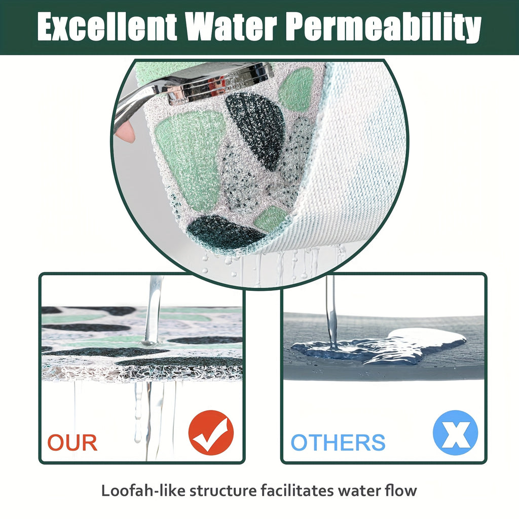 Green Pebble Design Hollow High Quality Bath Mat with Drain Holes, Quick-Dry Non-Slip Shower Mat, Soft and Comfortable PVC Loofah Massage Bath Rug for Wet Areas