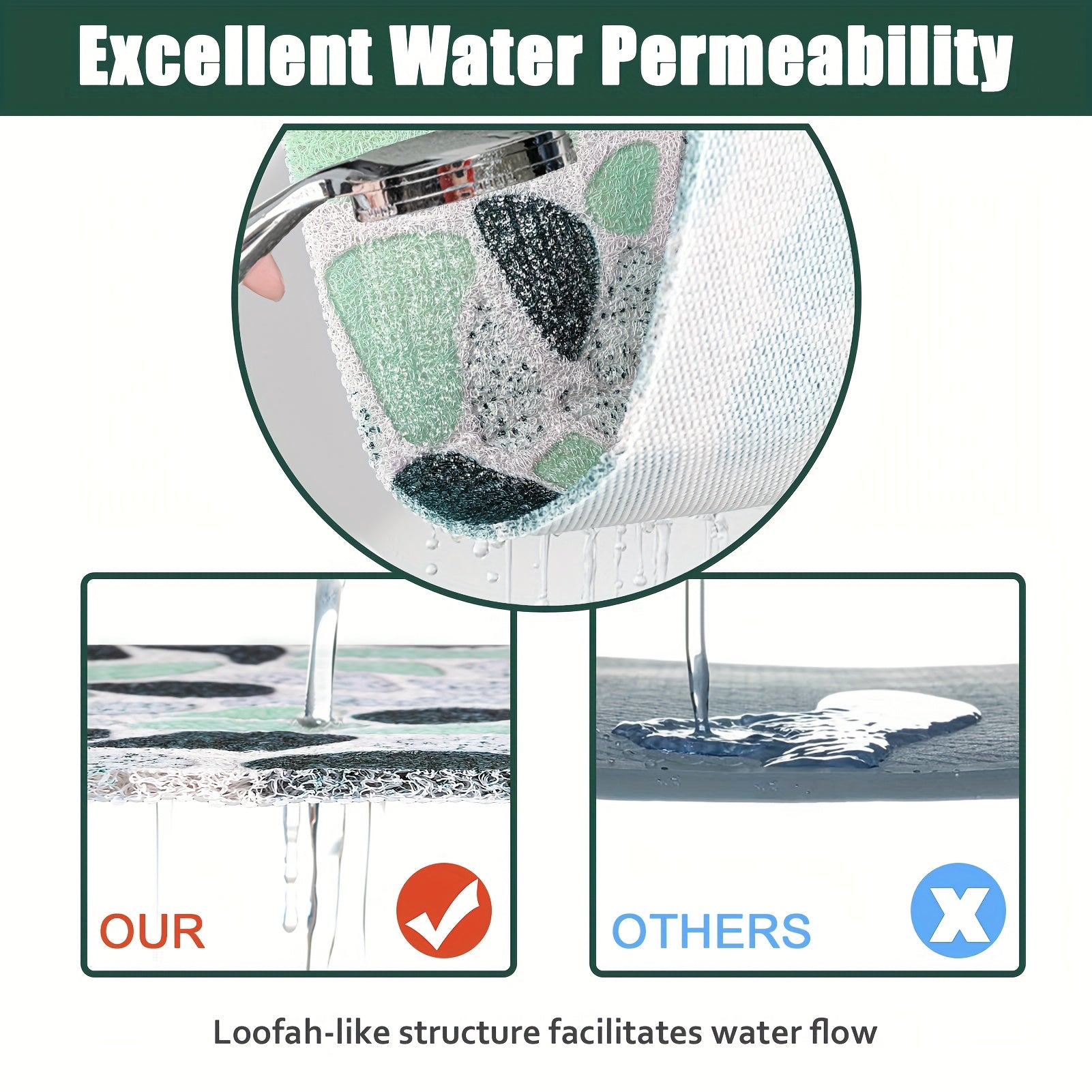 Green Pebble Design Hollow High Quality Bath Mat with Drain Holes, Quick-Dry Non-Slip Shower Mat, Soft and Comfortable PVC Loofah Massage Bath Rug for Wet Areas