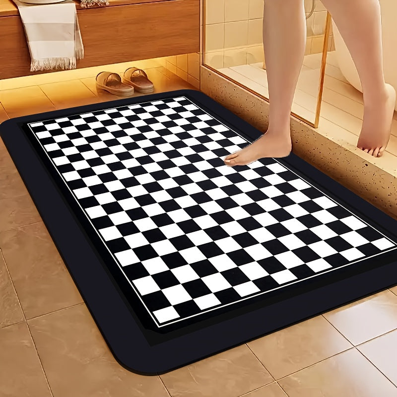 1pc Diatomite Bath Mat with Black and White Checkered Print Pattern, Quick-Dry Non-Slip Absorbent Floor Mat – Soft & Comfortable for Bathroom, Shower, Laundry Room, Bedroom, Doorway, RV Kitchen Rug, Bathroom Rugs, Non Slip Bathtub Mat, Bath Matts for