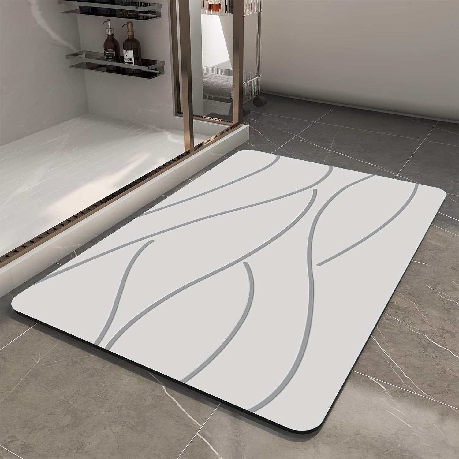 1pc Quick-Dry, Non-Slip Diatom Mud Bathroom Mat - Absorbent Polyester Floor Rug with Geometric Wave Design for Shower, Entryway, Kitchen, Living Room, Bedroom - Ideal for Family Use, Bathroom Floor Mat | Modern Bathroom Mat | Durable Bathroom Mat,