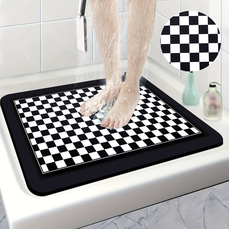 1pc Diatomaceous Earth Bathroom Non-Slip Mat, Black and White Checkered Pattern Print Design, Quick-Dry, Absorbent Floor Mat, Soft and Comfortable, Suitable for Bathrooms, Showers, Laundry Rooms, Bedroom, Door Mats, Kitchen Floor Mats, RV Bathrooms