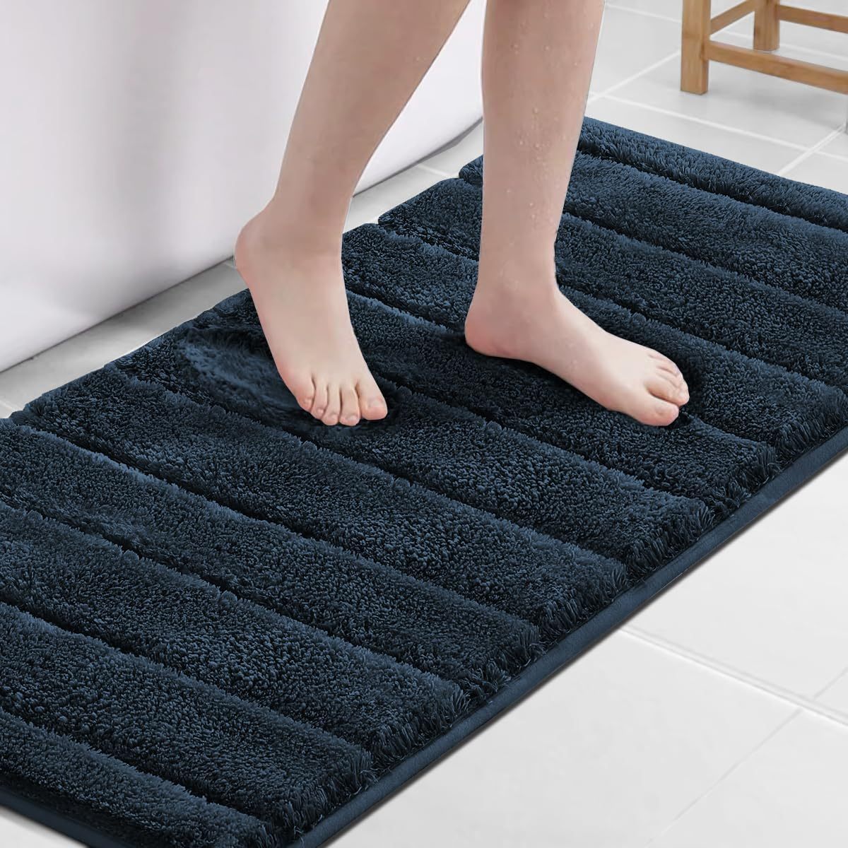2pcs Bathroom Rugs Thick Velvet Bath Rug Super Shaggy Soft Non-Slip Water Absorbent Striped Bath Mat Quick Dry Washable Fluffy Plush Bathroom Floor Rugs for Shower PRINCEDECO