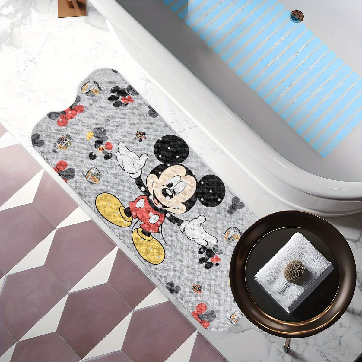 1pc Mickey Mouse Non-Slip Bath Mat - Extra Long Shower (15.7x39.3in) with Anti-Slip Backing, Drainage Hole & Suction Cups - Mickey & Footprints Bathroom Decor for Home, Travel - Machine Washable PVC Floor Mat, Bathroom Decor And Accessories, Cartoon