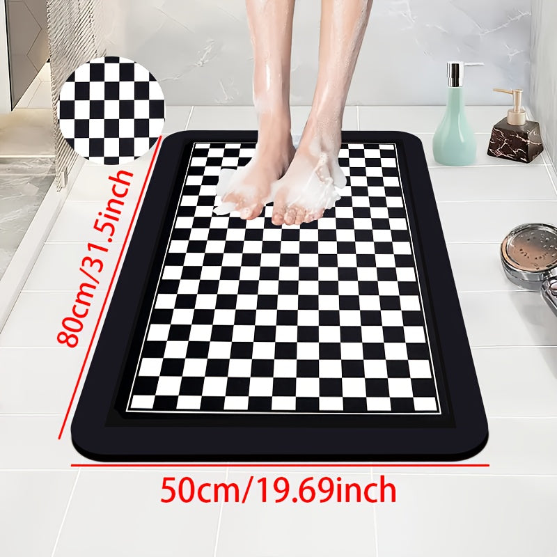 1pc Diatomite Bath Mat with Black and White Checkered Print Pattern, Quick-Dry Non-Slip Absorbent Floor Mat – Soft & Comfortable for Bathroom, Shower, Laundry Room, Bedroom, Doorway, RV Kitchen Rug, Bathroom Rugs, Non Slip Bathtub Mat, Bath Matts for