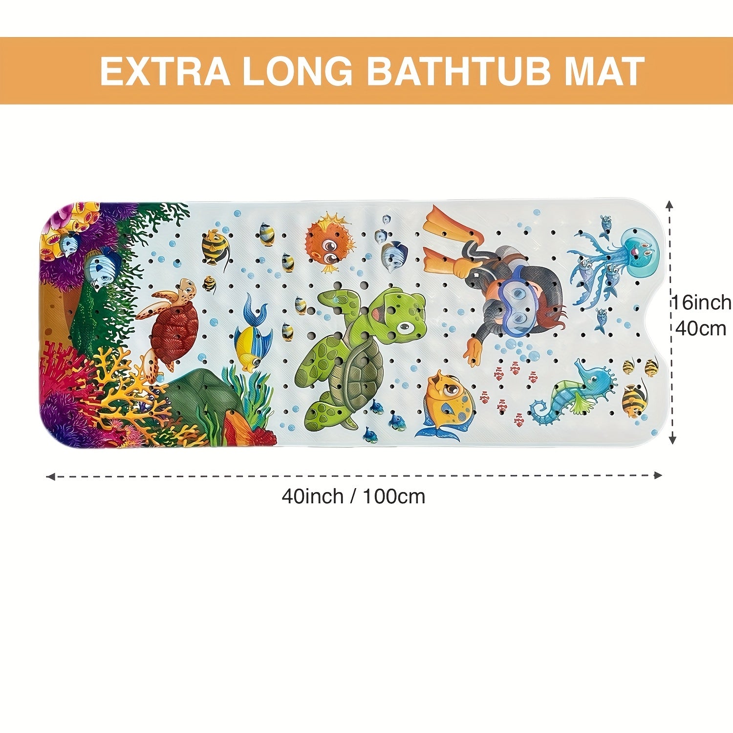 1pc Extra Long 16x40 Inch Non-Slip Bathtub Mat with Vibrant Underwater Sea Turtle & Coral Reef Design, Machine Washable PVC Shower Mat with Suction Cups, Massage Bubbles for Bathroom Safety & Decor, Bath Mats for Bathroom, Home Decor, Playful Pattern,