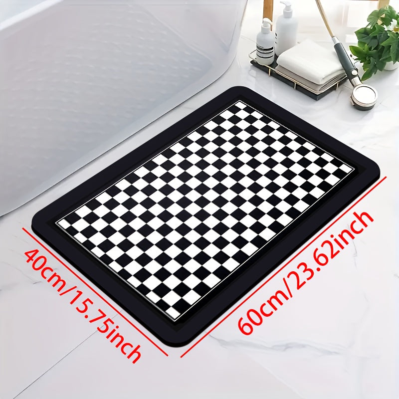 1pc Diatomite Bath Mat with Black and White Checkered Print Pattern, Quick-Dry Non-Slip Absorbent Floor Mat – Soft & Comfortable for Bathroom, Shower, Laundry Room, Bedroom, Doorway, RV Kitchen Rug, Bathroom Rugs, Non Slip Bathtub Mat, Bath Matts for