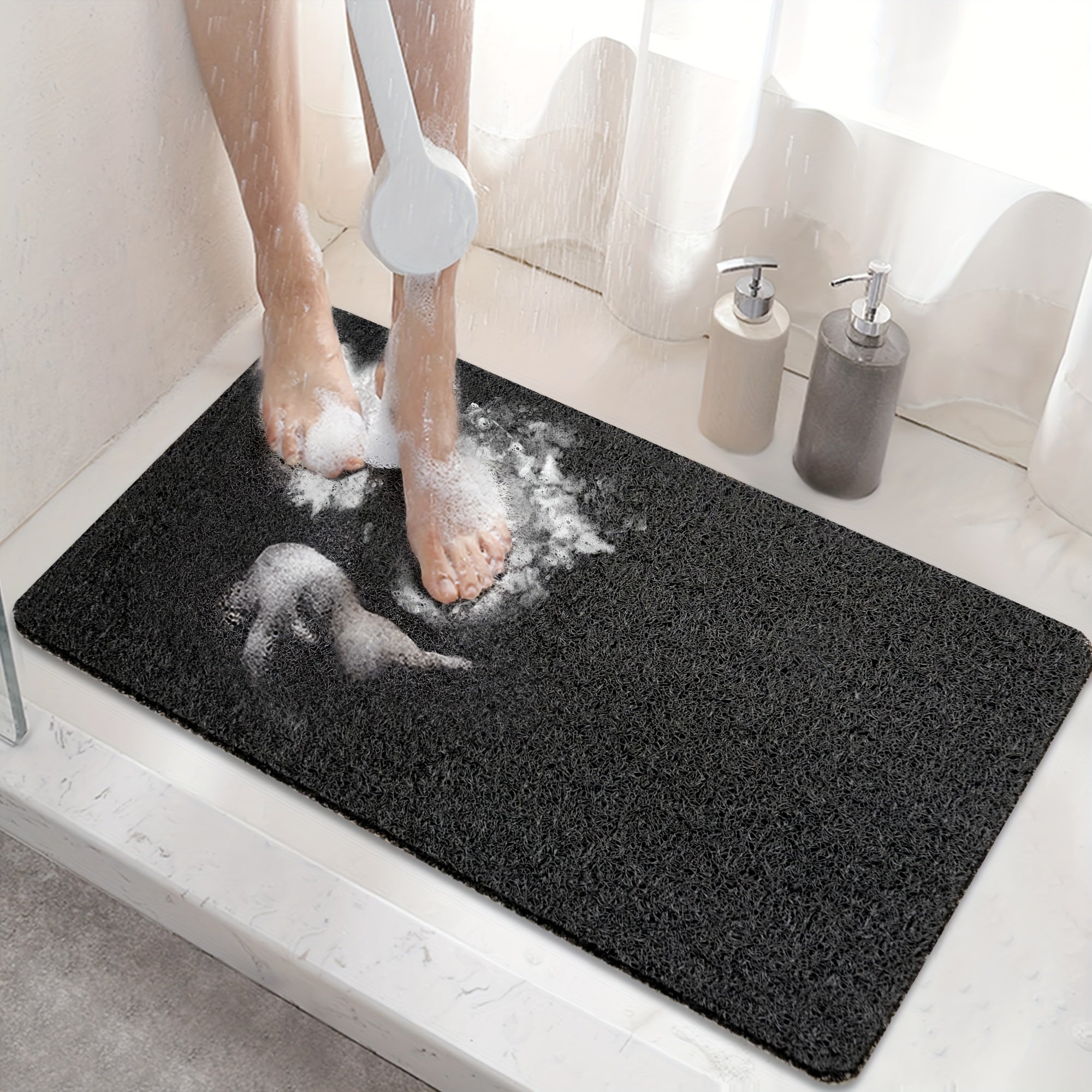 One Black Bathroom Anti-Slip Shower Mat, Multi-Size, Can Be Freely Cut, with a Grid-Lined Non-Slip Bottom, Equipped with Drainage Holes, Quick-Drying Bathroom Shower Mat, Soft PVC Loofah Bath Mat Anti-Slip, Suitable for Walk-In Showers And Kitchens,
