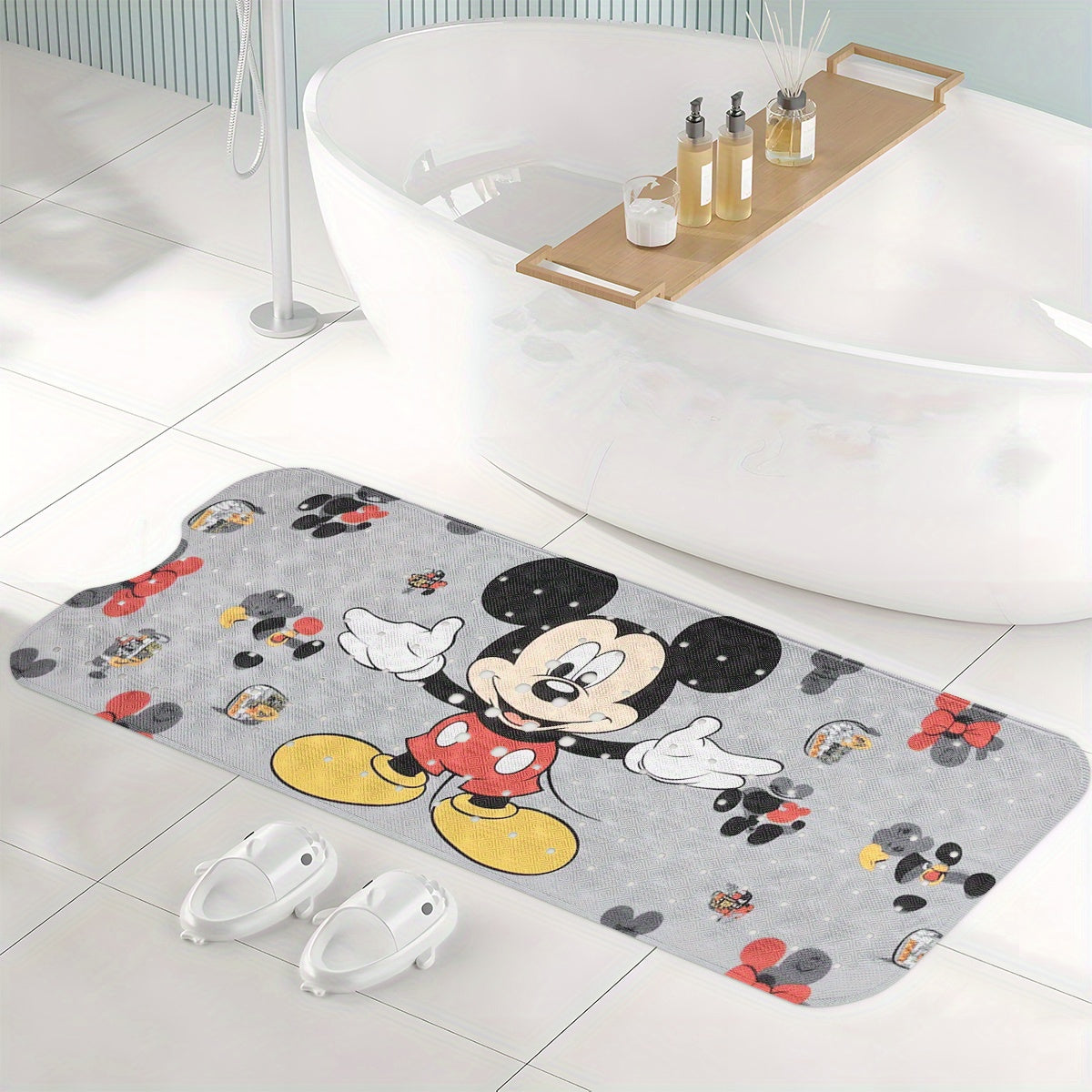 1pc Mickey Mouse Non-Slip Bath Mat - Extra Long Shower (15.7x39.3in) with Anti-Slip Backing, Drainage Hole & Suction Cups - Mickey & Footprints Bathroom Decor for Home, Travel - Machine Washable PVC Floor Mat, Bathroom Decor And Accessories, Cartoon