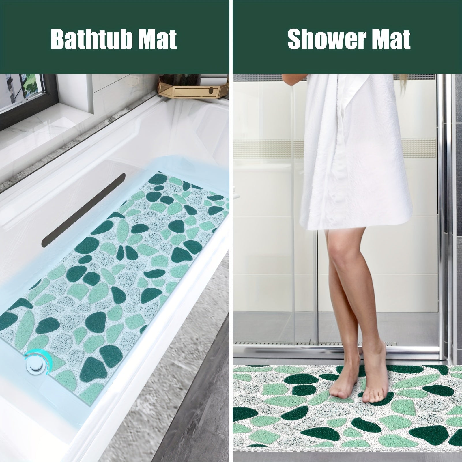 Green Pebble Design Hollow High Quality Bath Mat with Drain Holes, Quick-Dry Non-Slip Shower Mat, Soft and Comfortable PVC Loofah Massage Bath Rug for Wet Areas