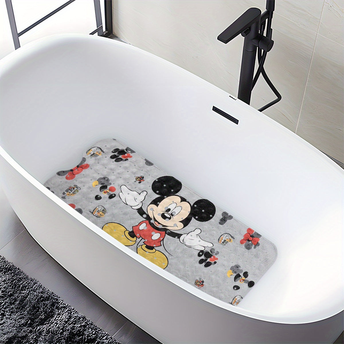1pc Mickey Mouse Non-Slip Bath Mat - Extra Long Shower (15.7x39.3in) with Anti-Slip Backing, Drainage Hole & Suction Cups - Mickey & Footprints Bathroom Decor for Home, Travel - Machine Washable PVC Floor Mat, Bathroom Decor And Accessories, Cartoon
