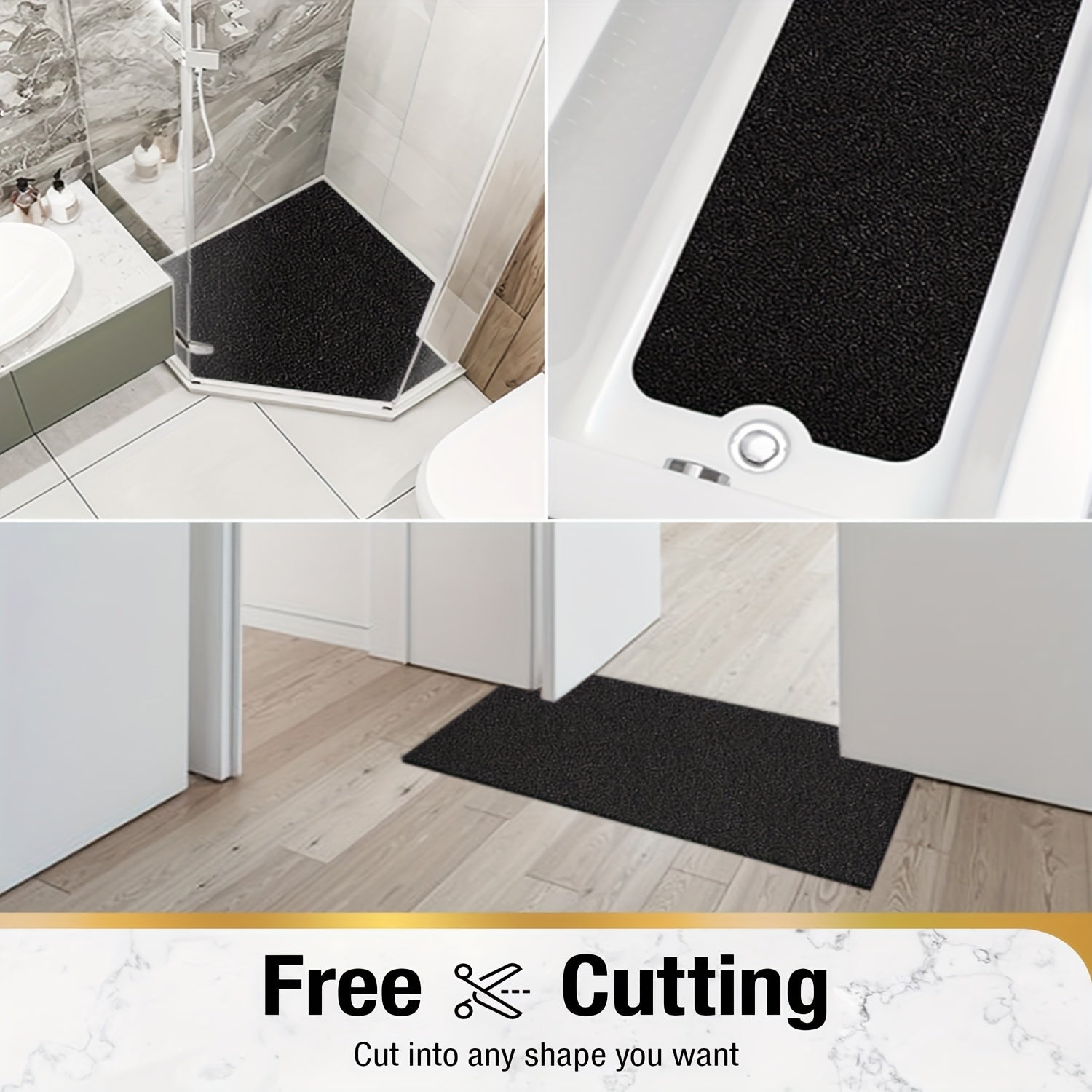 One Black Bathroom Anti-Slip Shower Mat, Multi-Size, Can Be Freely Cut, with a Grid-Lined Non-Slip Bottom, Equipped with Drainage Holes, Quick-Drying Bathroom Shower Mat, Soft PVC Loofah Bath Mat Anti-Slip, Suitable for Walk-In Showers And Kitchens,