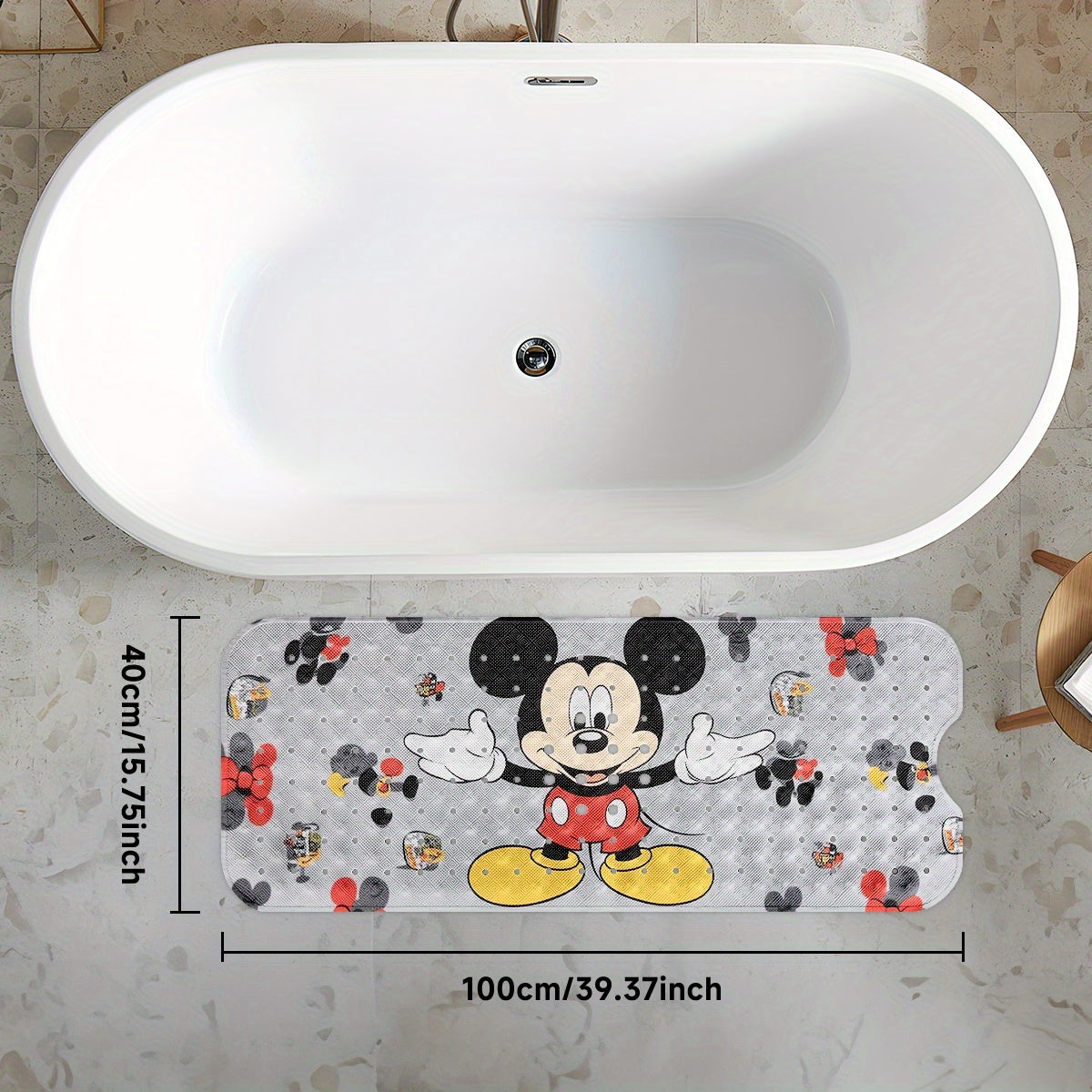 1pc Mickey Mouse Non-Slip Bath Mat - Extra Long Shower (15.7x39.3in) with Anti-Slip Backing, Drainage Hole & Suction Cups - Mickey & Footprints Bathroom Decor for Home, Travel - Machine Washable PVC Floor Mat, Bathroom Decor And Accessories, Cartoon