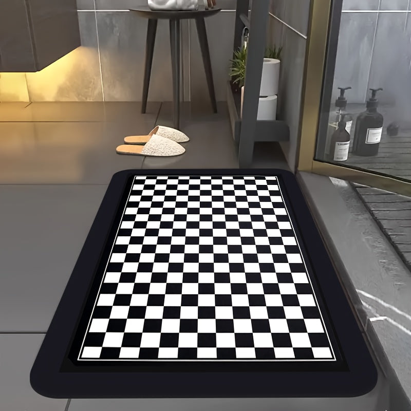 1pc Diatomaceous Earth Bathroom Non-Slip Mat, Black and White Checkered Pattern Print Design, Quick-Dry, Absorbent Floor Mat, Soft and Comfortable, Suitable for Bathrooms, Showers, Laundry Rooms, Bedroom, Door Mats, Kitchen Floor Mats, RV Bathrooms