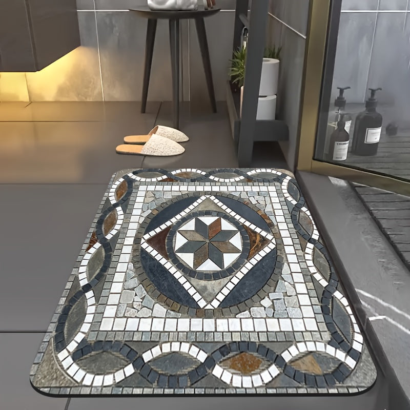 1pc Diatomaceous Earth Bathroom Non-Slip Mat, Classic Geometric Pattern Stone Mosaic Design Printed Design, Quick-Drying, Non-Slip Absorbent Floor Mat, Soft And Comfortable, Suitable for Bathrooms, Showers, Laundry Rooms, Bedrooms, Door Mats, Kitchen