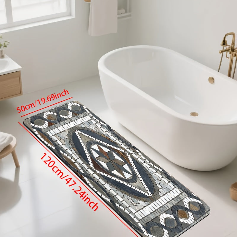 1pc Diatomaceous Earth Bathroom Non-Slip Mat, Classic Geometric Pattern Stone Mosaic Design Printed Design, Quick-Drying, Non-Slip Absorbent Floor Mat, Soft And Comfortable, Suitable for Bathrooms, Showers, Laundry Rooms, Bedrooms, Door Mats, Kitchen