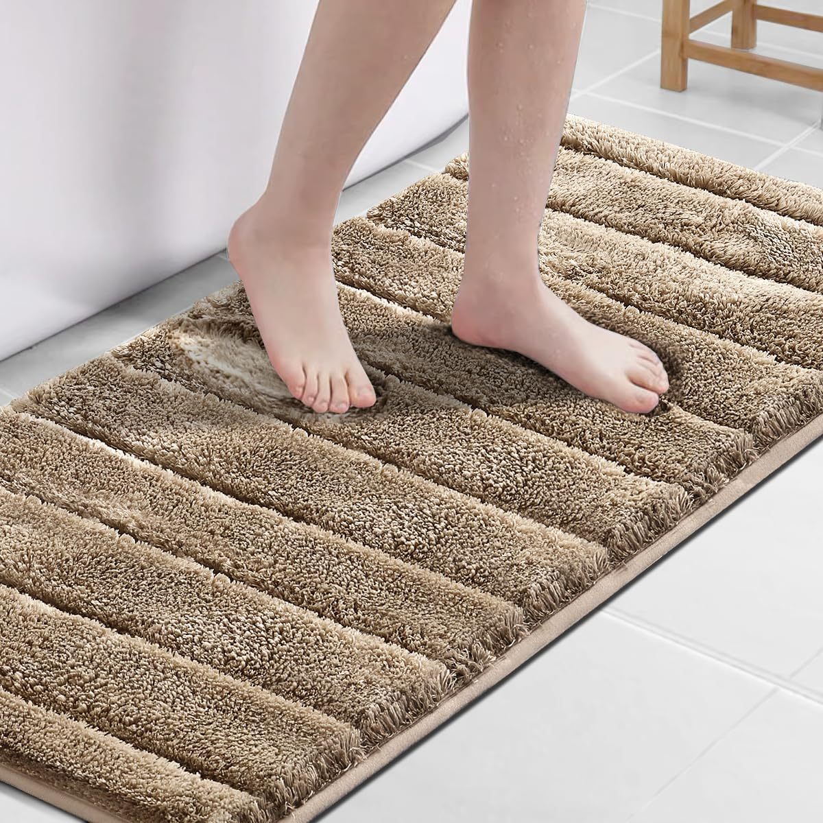2pcs Bathroom Rugs Thick Velvet Bath Rug Super Shaggy Soft Non-Slip Water Absorbent Striped Bath Mat Quick Dry Washable Fluffy Plush Bathroom Floor Rugs for Shower PRINCEDECO