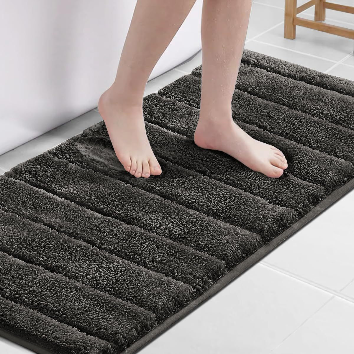 2pcs Bathroom Rugs Thick Velvet Bath Rug Super Shaggy Soft Non-Slip Water Absorbent Striped Bath Mat Quick Dry Washable Fluffy Plush Bathroom Floor Rugs for Shower PRINCEDECO