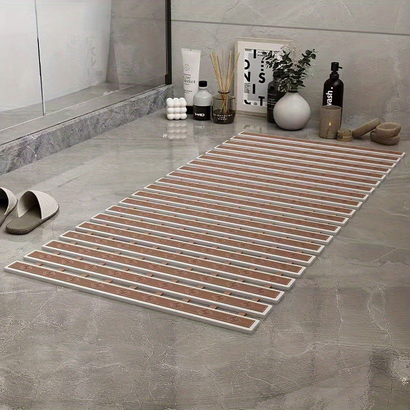 Bathroom TPE Bamboo Board Bath Mat - Non-Slip Shower Mat with Striped Design, 0.39inch Thick Rubber Backing, 4400gsm Durable Bathroom Floor Mat for Safety & Easy Cleaning, Bathroom Mat, Safety Shower Mat, Modern Bathroom Decor, Nonslip Backing