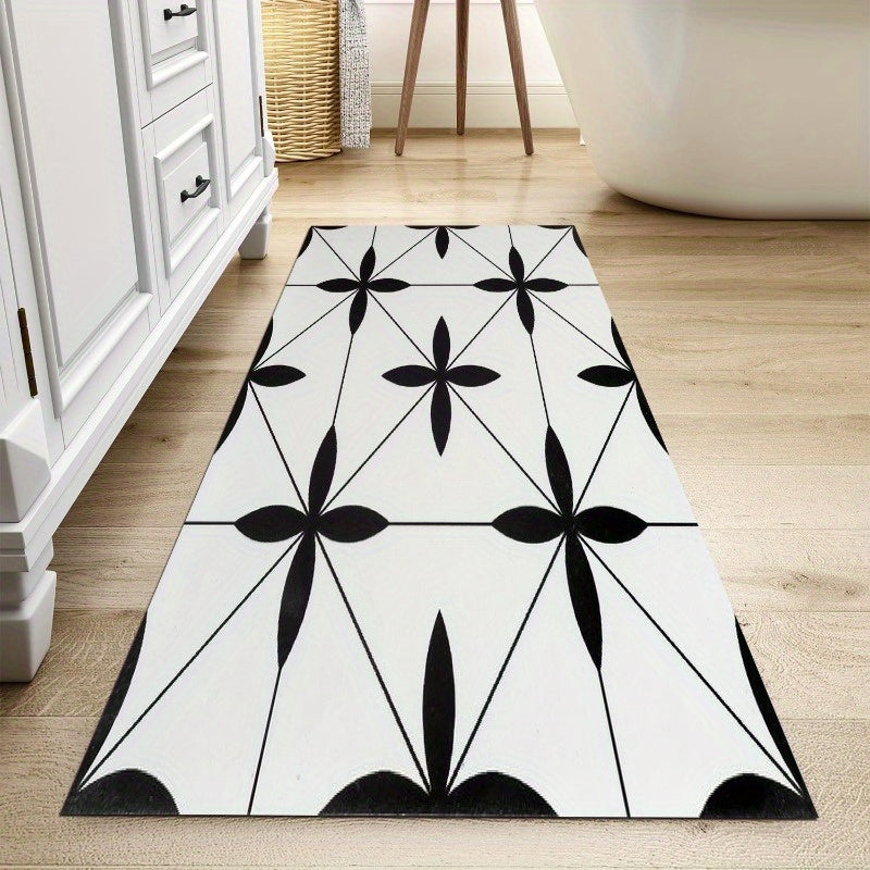 1pc Black & White Geometric Pattern Non-Slip Bath Mat - Super Absorbent, Easy to Clean, Durable Rubber Backing, Perfect for Bathroom, Kitchen, Bedroom, and Laundry Room Decor, Bathroom Mat