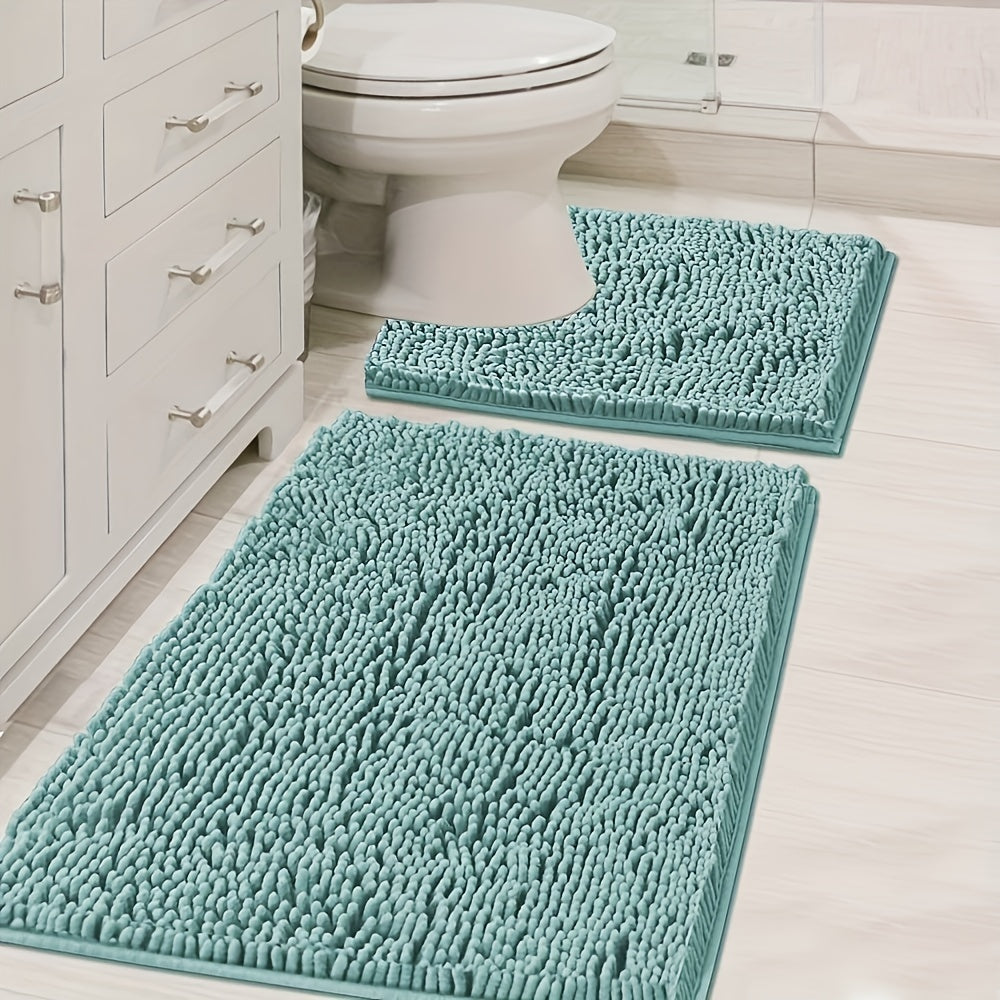 2pcs Chenille Bath Mat - U-Shaped, Rectangular, Absorbent, Non-Slip, Fluffy Plush Carpet for Bathroom Decoration