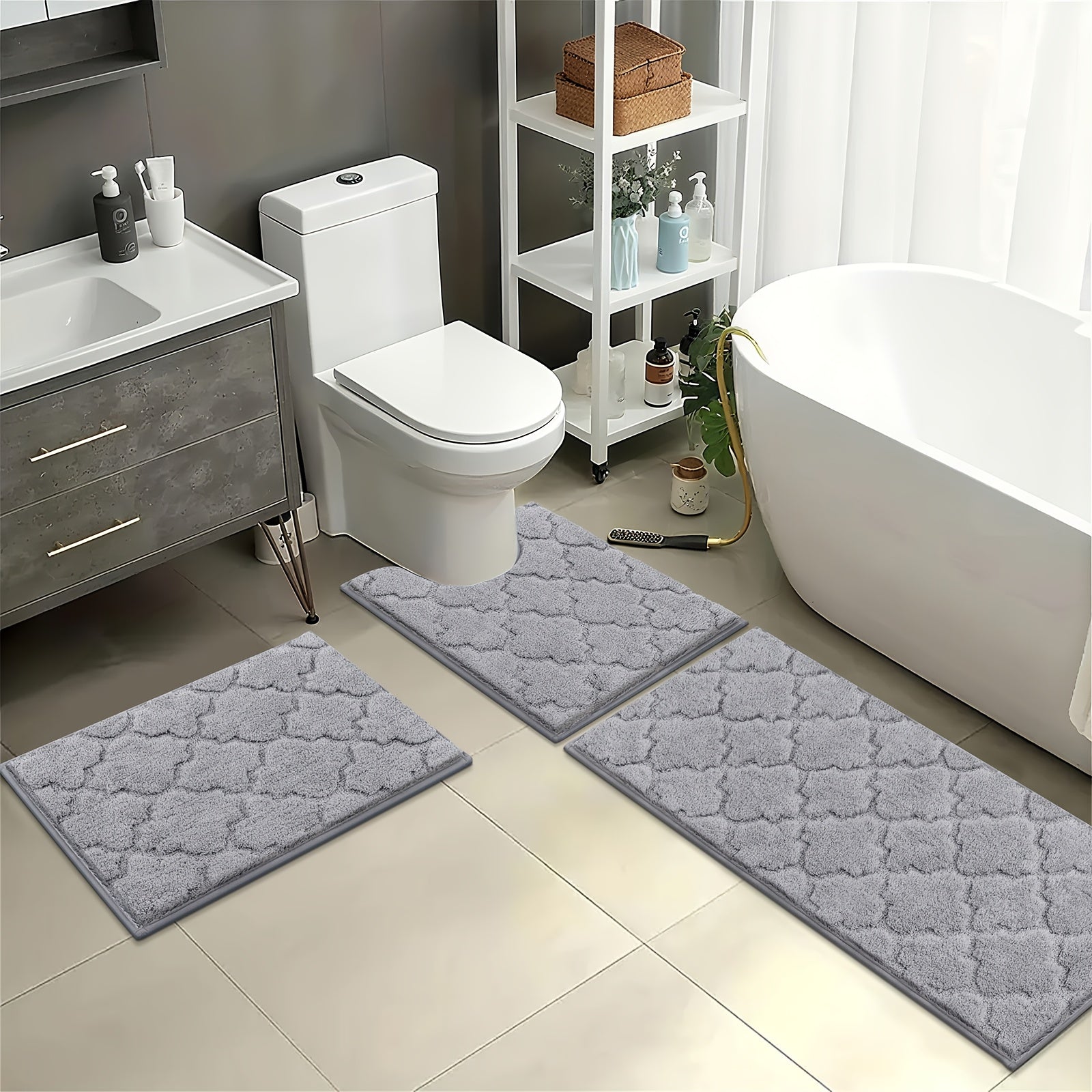 Microfiber Bath Mat Non Slip Shaggy Bathroom Rug Set 3pcs Bathroom Mat Set Super Absorbent Bath Mats for Bathroom Washable Quick-Dry Bathroom Rugs for Floor, Tub And Shower, Home Decor