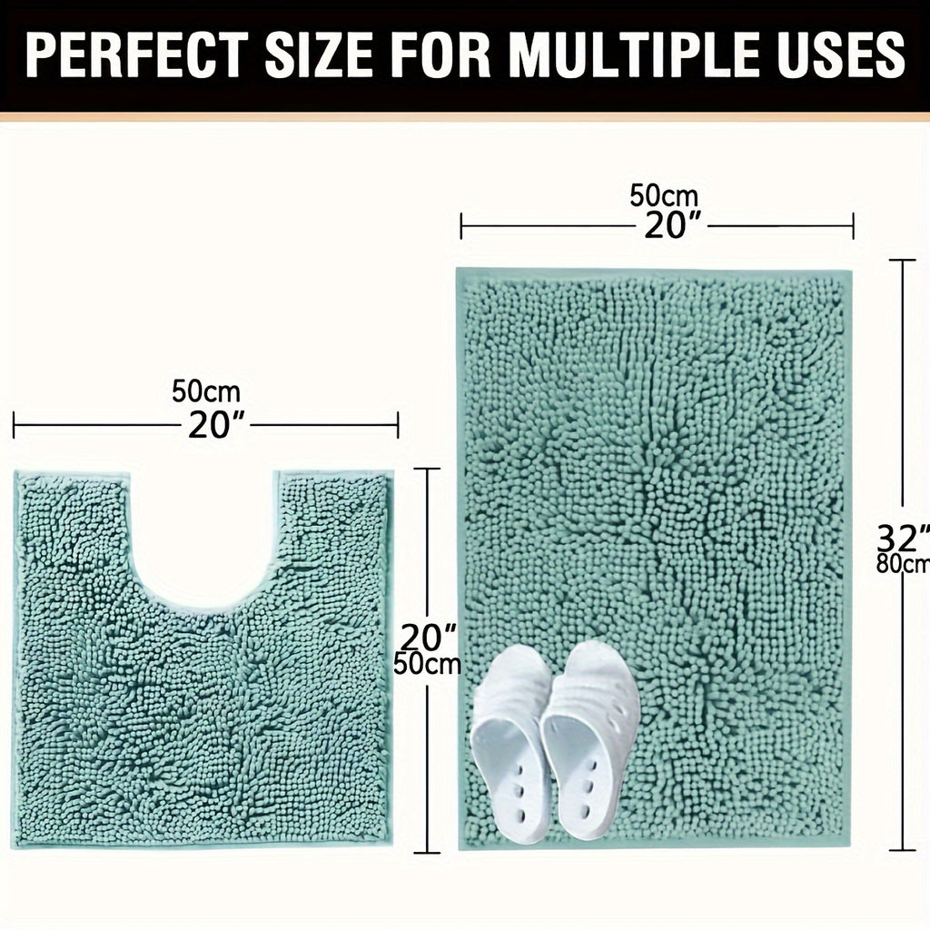 2pcs Chenille Bath Mat - U-Shaped, Rectangular, Absorbent, Non-Slip, Fluffy Plush Carpet for Bathroom Decoration