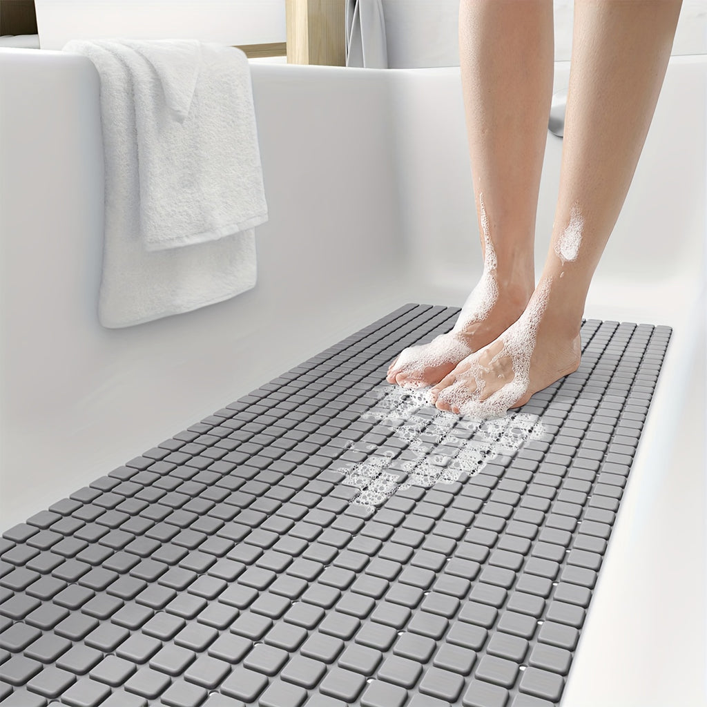 [Non-Slip Bath] DEXI Extra Long Non-Slip Bath Tub Mat - 15.7" x 39.4" Gray PVC with Suction Cups & Drain Holes, Machine Washable - Ideal for a Safer, More Comfortable Shower Experience