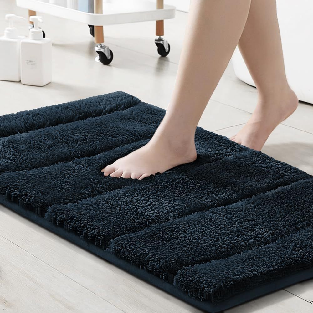 2pcs Bathroom Rugs Thick Velvet Bath Rug Super Shaggy Soft Non-Slip Water Absorbent Striped Bath Mat Quick Dry Washable Fluffy Plush Bathroom Floor Rugs for Shower PRINCEDECO