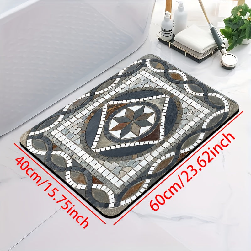 1pc Diatomaceous Earth Bathroom Non-Slip Mat, Classic Geometric Pattern Stone Mosaic Design Printed Design, Quick-Drying, Non-Slip Absorbent Floor Mat, Soft And Comfortable, Suitable for Bathrooms, Showers, Laundry Rooms, Bedrooms, Door Mats, Kitchen