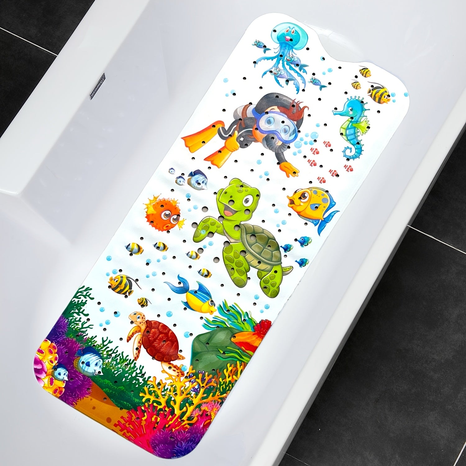1pc Extra Long 16x40 Inch Non-Slip Bathtub Mat with Vibrant Underwater Sea Turtle & Coral Reef Design, Machine Washable PVC Shower Mat with Suction Cups, Massage Bubbles for Bathroom Safety & Decor, Bath Mats for Bathroom, Home Decor, Playful Pattern,