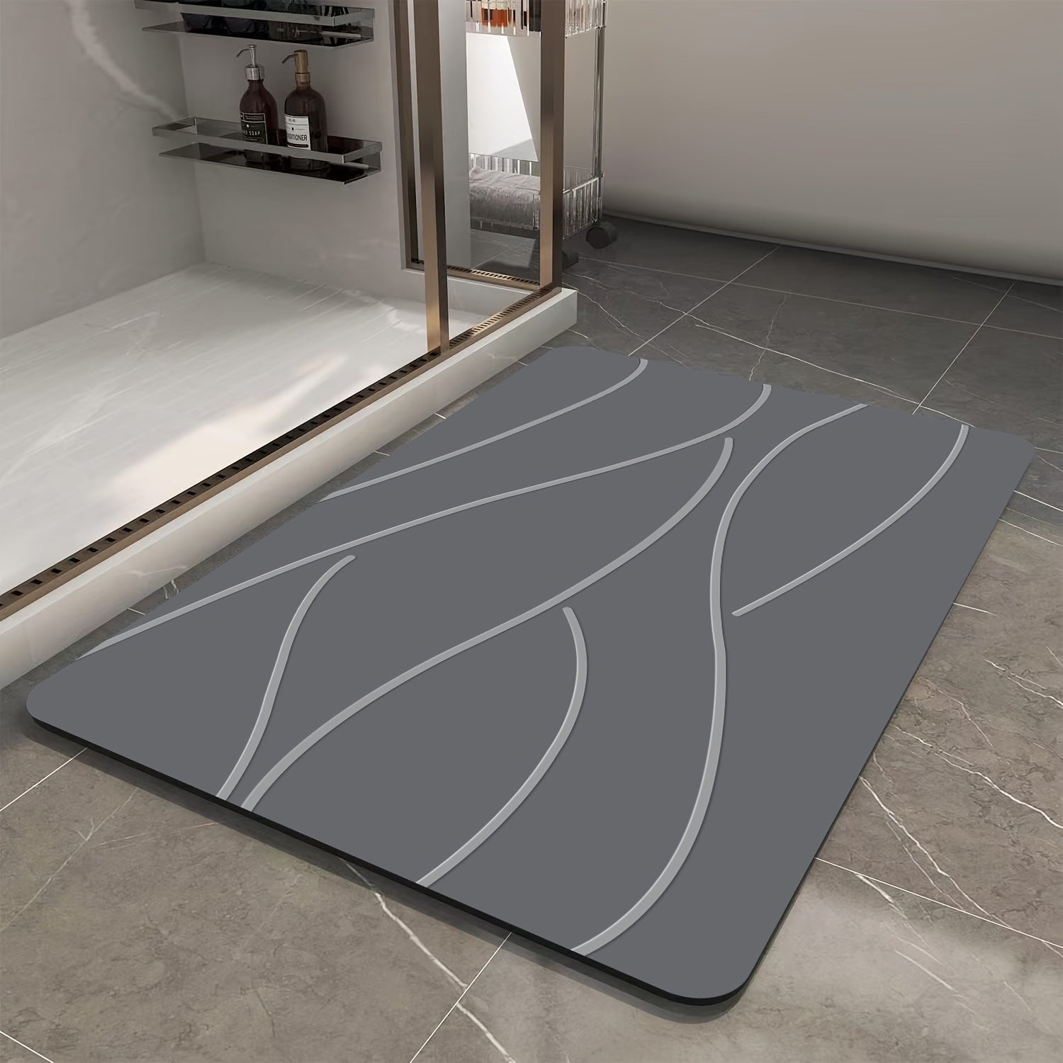 1pc Quick-Dry, Non-Slip Diatom Mud Bathroom Mat - Absorbent Polyester Floor Rug with Geometric Wave Design for Shower, Entryway, Kitchen, Living Room, Bedroom - Ideal for Family Use, Bathroom Floor Mat | Modern Bathroom Mat | Durable Bathroom Mat,