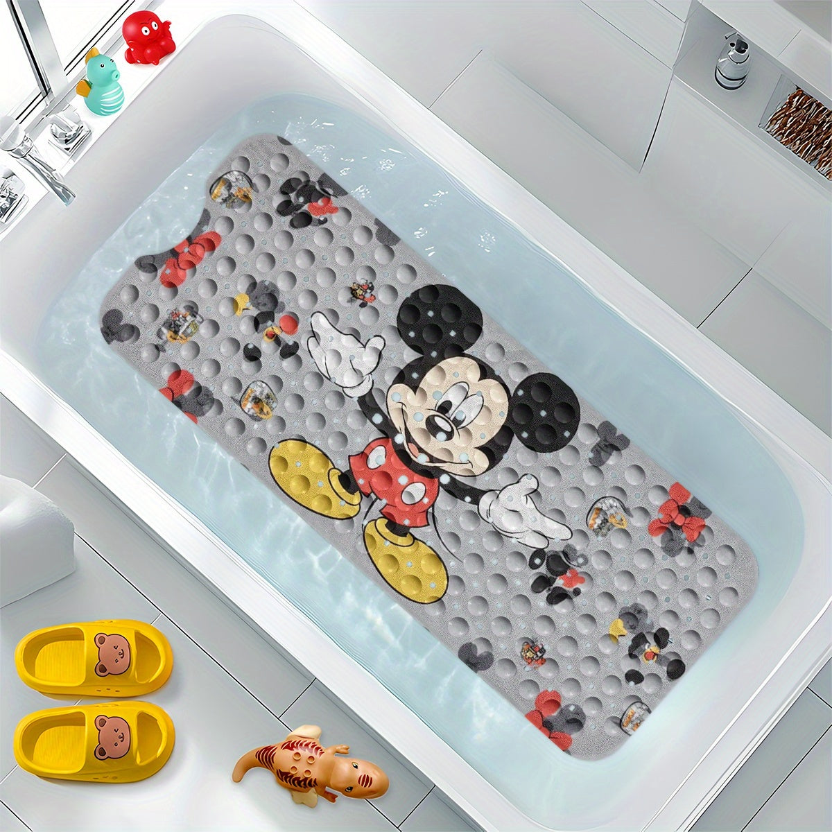 1pc Mickey Mouse Non-Slip Bath Mat - Extra Long Shower (15.7x39.3in) with Anti-Slip Backing, Drainage Hole & Suction Cups - Mickey & Footprints Bathroom Decor for Home, Travel - Machine Washable PVC Floor Mat, Bathroom Decor And Accessories, Cartoon