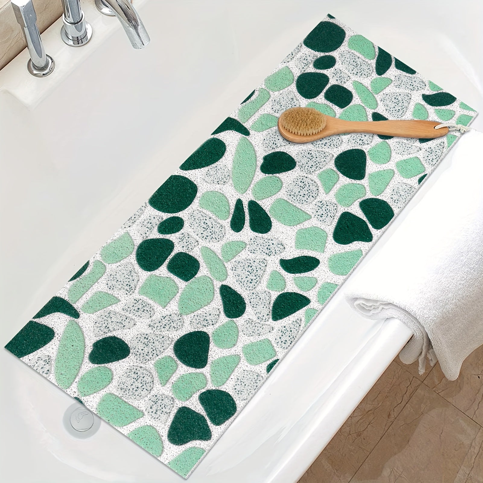 Green Pebble Design Hollow High Quality Bath Mat with Drain Holes, Quick-Dry Non-Slip Shower Mat, Soft and Comfortable PVC Loofah Massage Bath Rug for Wet Areas