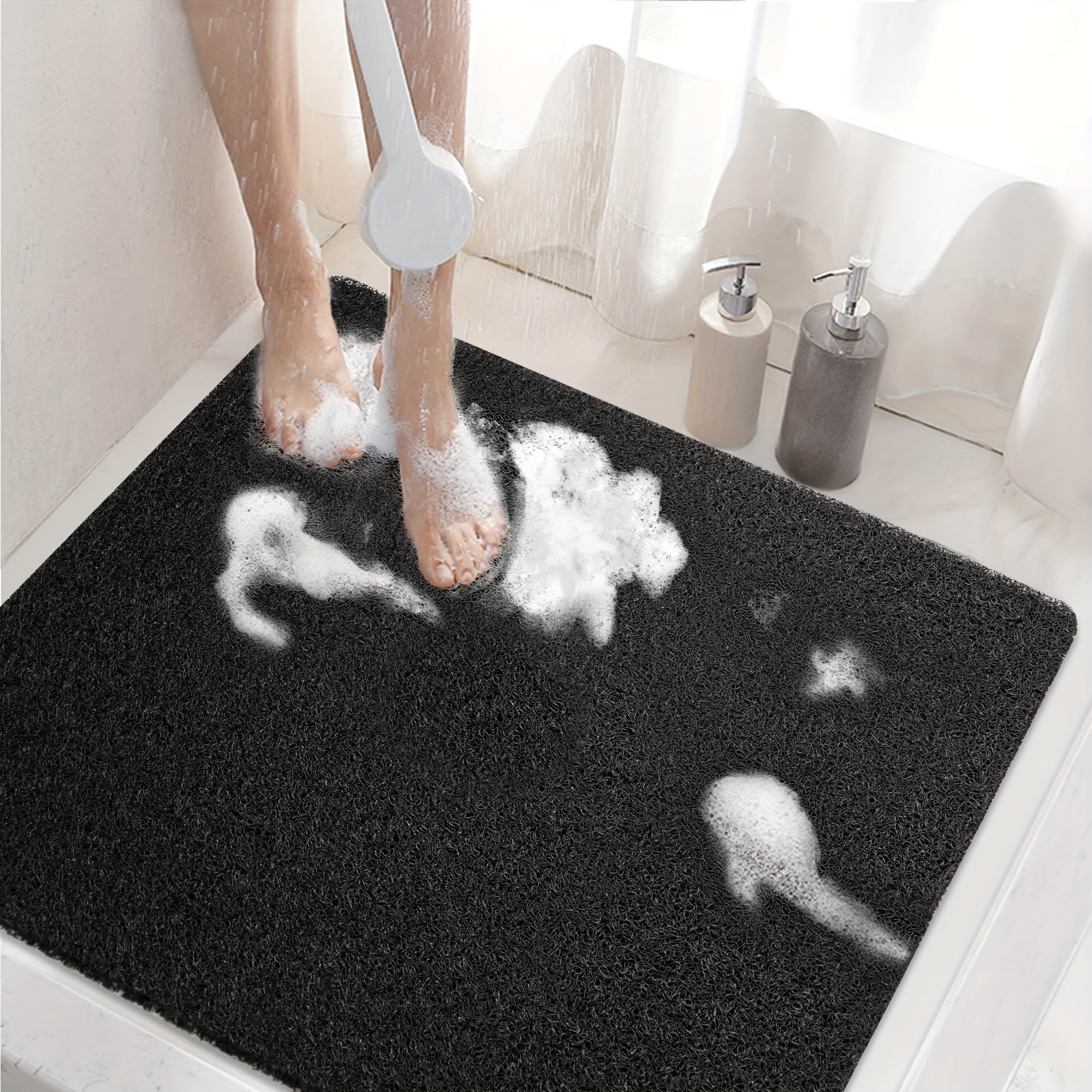 One Black Bathroom Anti-Slip Shower Mat, Multi-Size, Can Be Freely Cut, with a Grid-Lined Non-Slip Bottom, Equipped with Drainage Holes, Quick-Drying Bathroom Shower Mat, Soft PVC Loofah Bath Mat Anti-Slip, Suitable for Walk-In Showers And Kitchens,