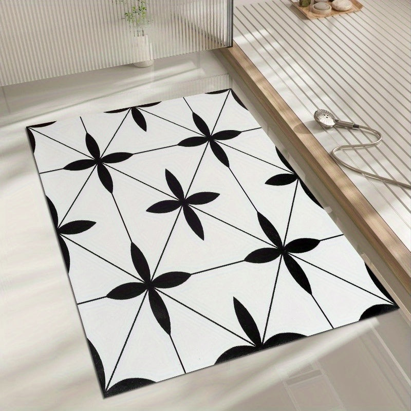 1pc Black & White Geometric Pattern Non-Slip Bath Mat - Super Absorbent, Easy to Clean, Durable Rubber Backing, Perfect for Bathroom, Kitchen, Bedroom, and Laundry Room Decor, Bathroom Mat