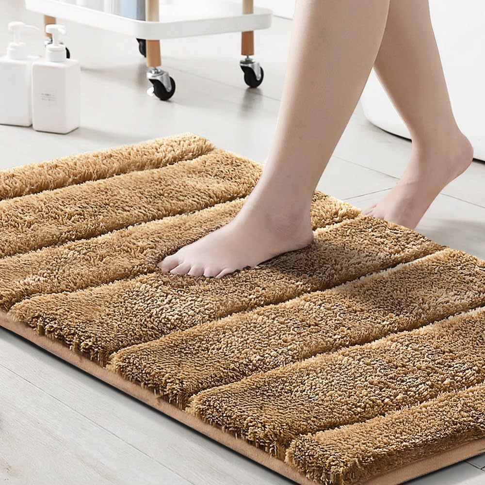 2pcs Bathroom Rugs Thick Velvet Bath Rug Super Shaggy Soft Non-Slip Water Absorbent Striped Bath Mat Quick Dry Washable Fluffy Plush Bathroom Floor Rugs for Shower PRINCEDECO